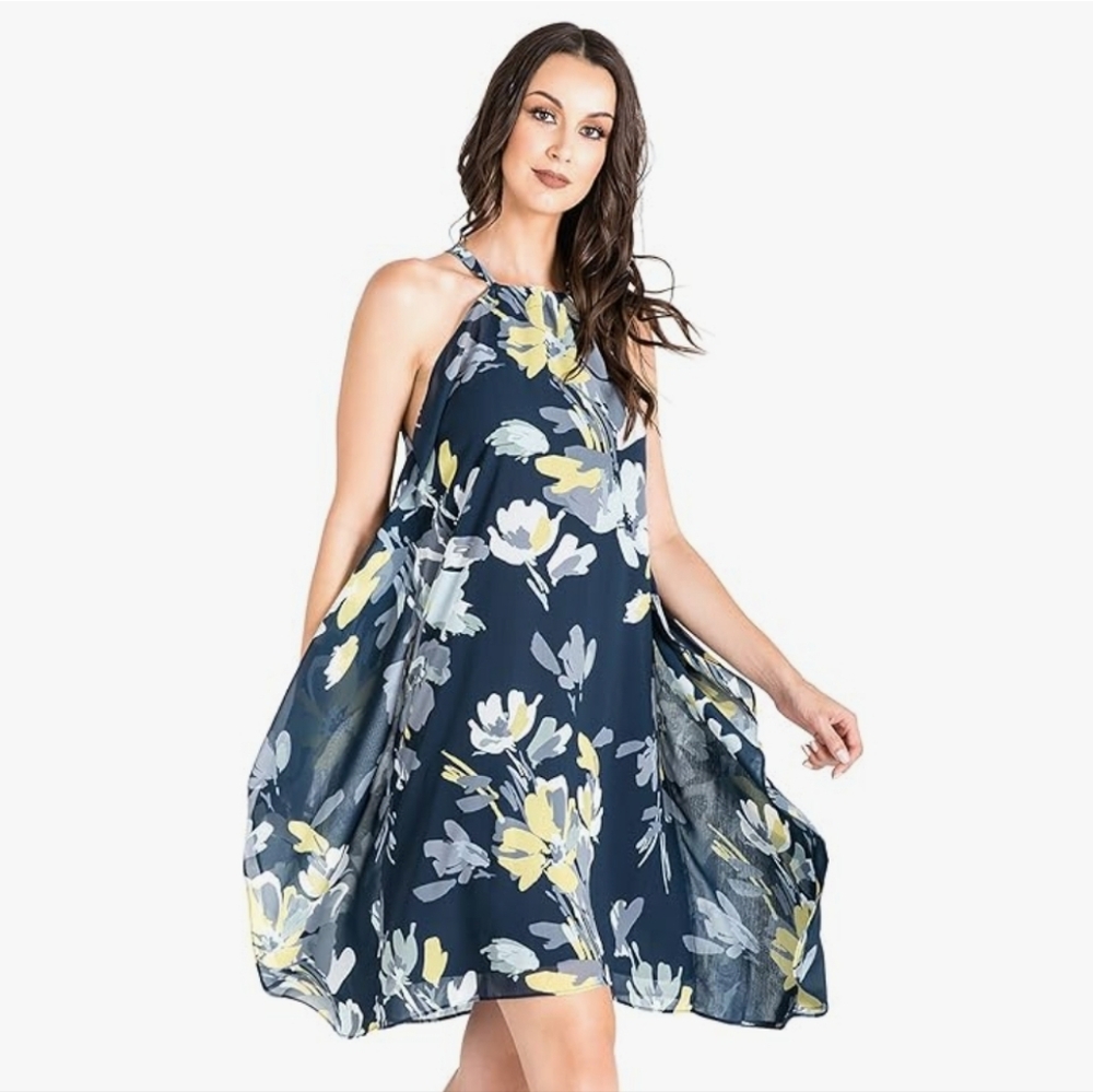 NWT Standards & Practices Blue Floral Trapeze Chiffon Dress Choker Tie Neck XL